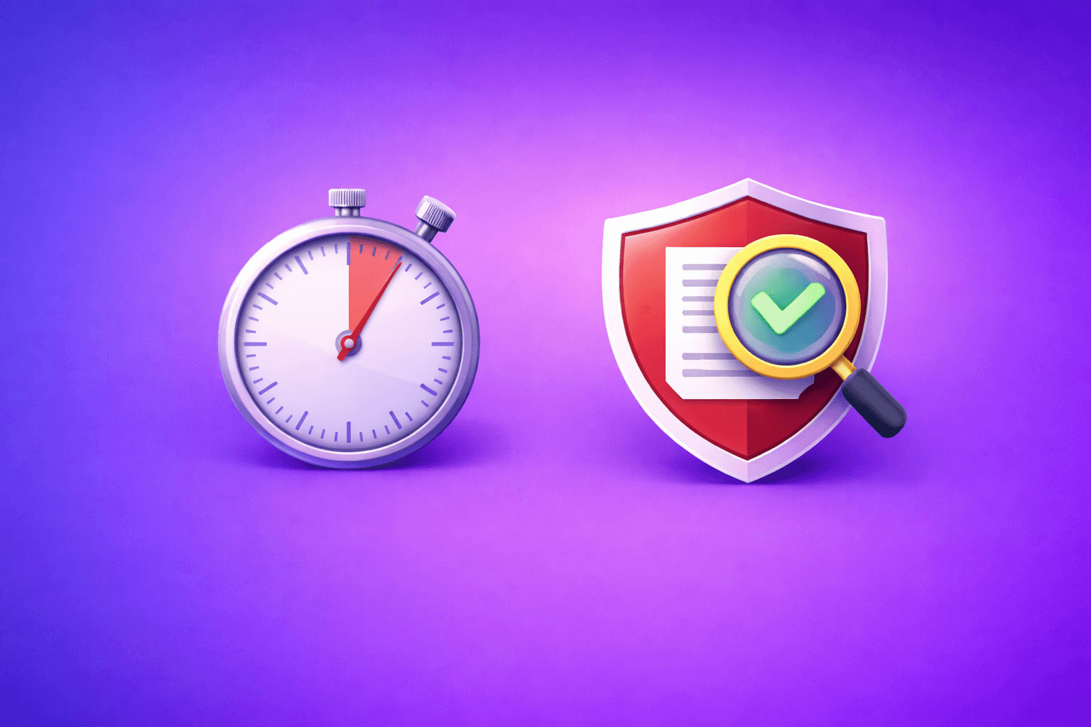 Customer screening fintech illustration with magnifying glass icon on blue to purple gradient background, representing AML compliance, real-time risk assessment, and identity verification for financial institutions.