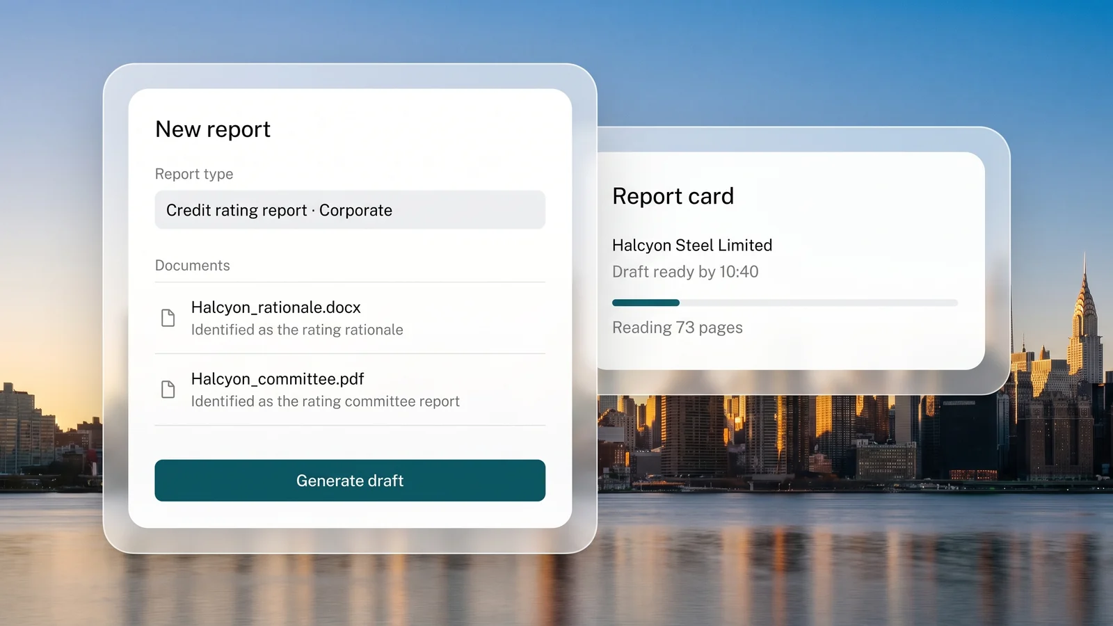 The new report form with the report type set to a corporate credit rating report and two uploaded files, each identified as the rating rationale or the committee report, beside the report card showing when the draft will be ready
