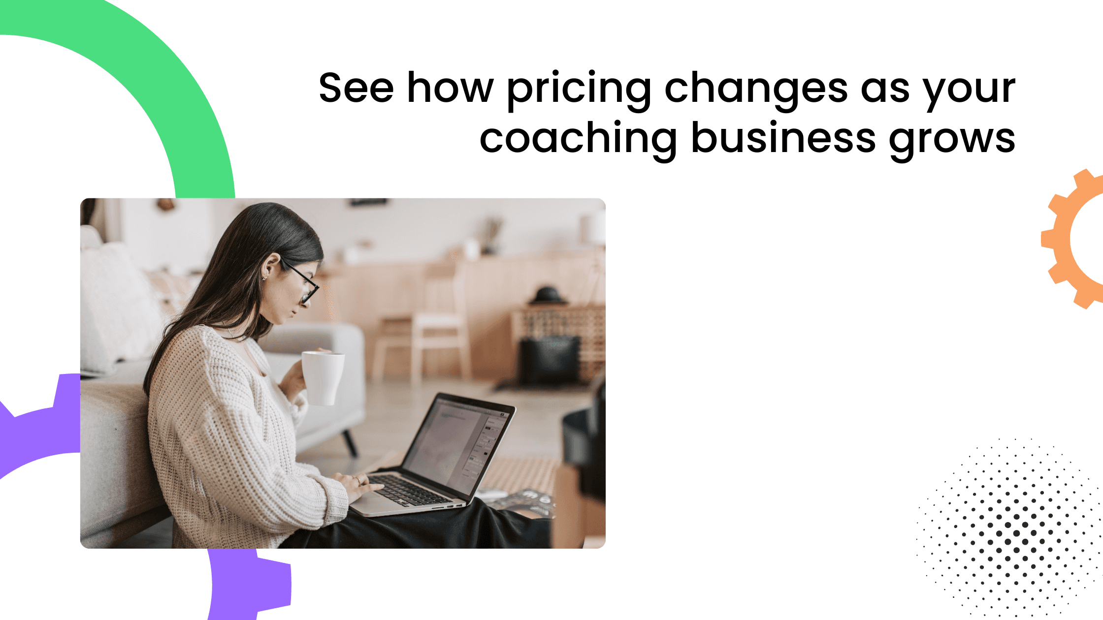 Woman working on a laptop at home in a pricing comparison creative for growing coaching businesses.