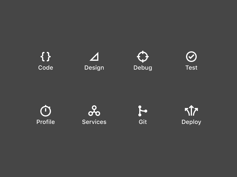 Set of icons representing software development stages and tools including Code, Design, Debug, Test, Profile, Services, Git, and Deploy.