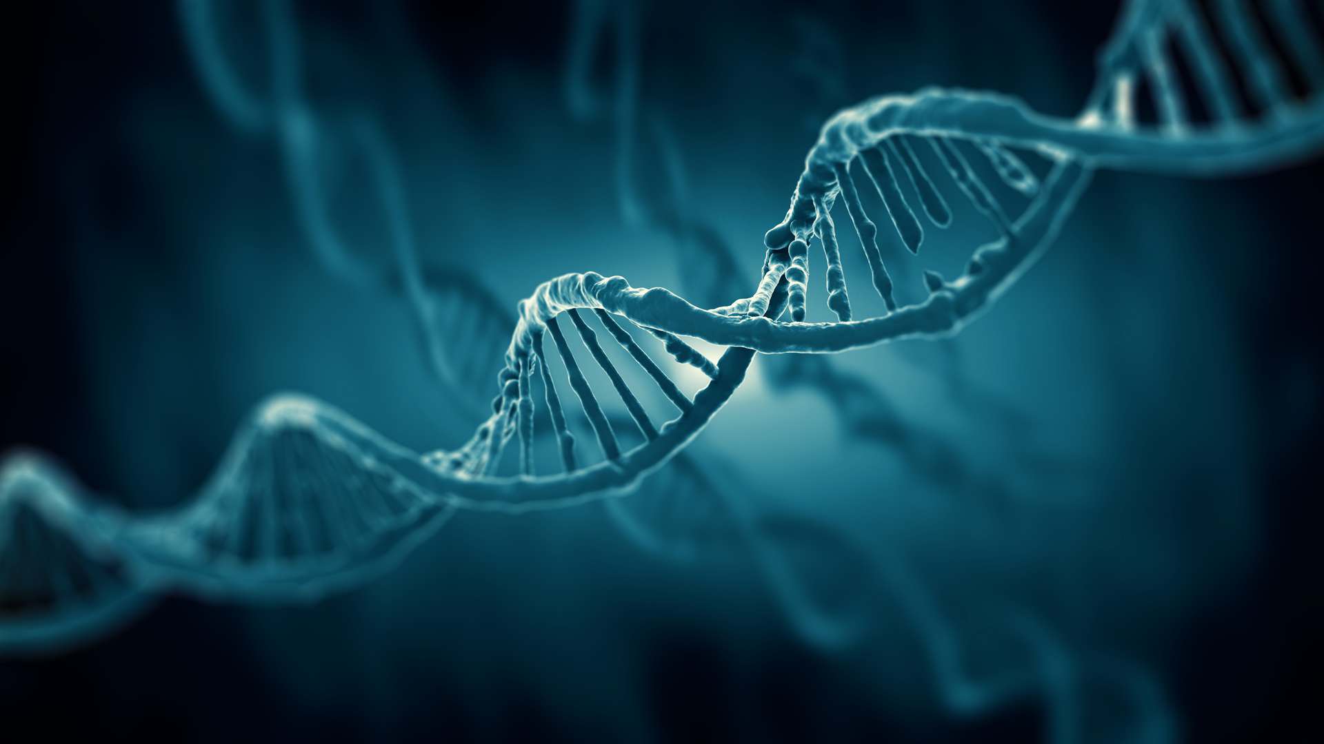 3D illustration of a glowing blue DNA double helix against a dark blue background