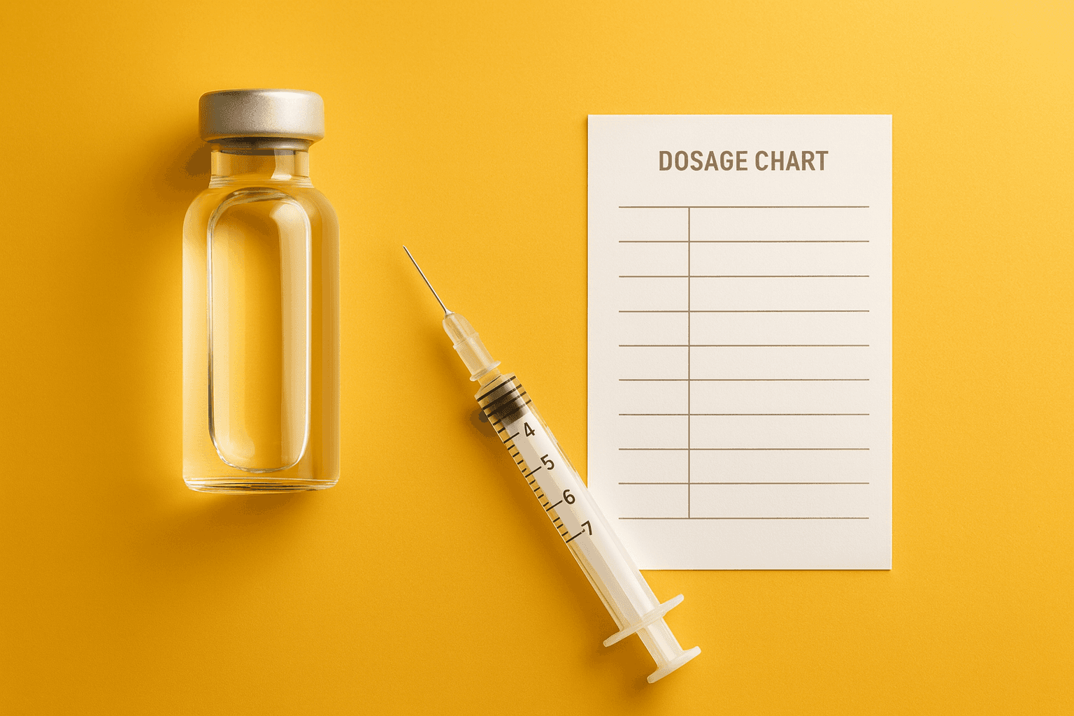 Illustration of an unmarked vial and syringe beside an empty clinical dosage chart