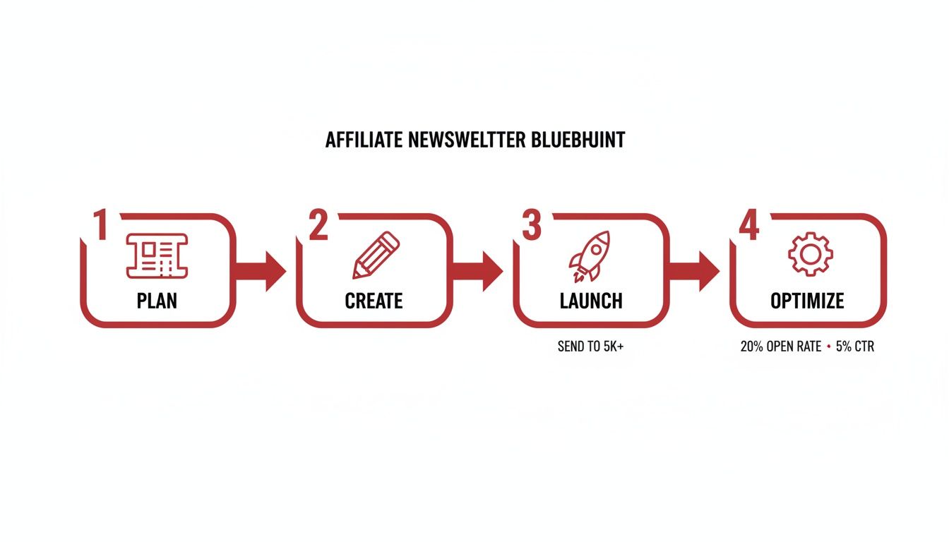 Four-step affiliate newsletter blueprint outlining plan, create, launch to 5K+, and optimize for 20% open rate/5% CTR.