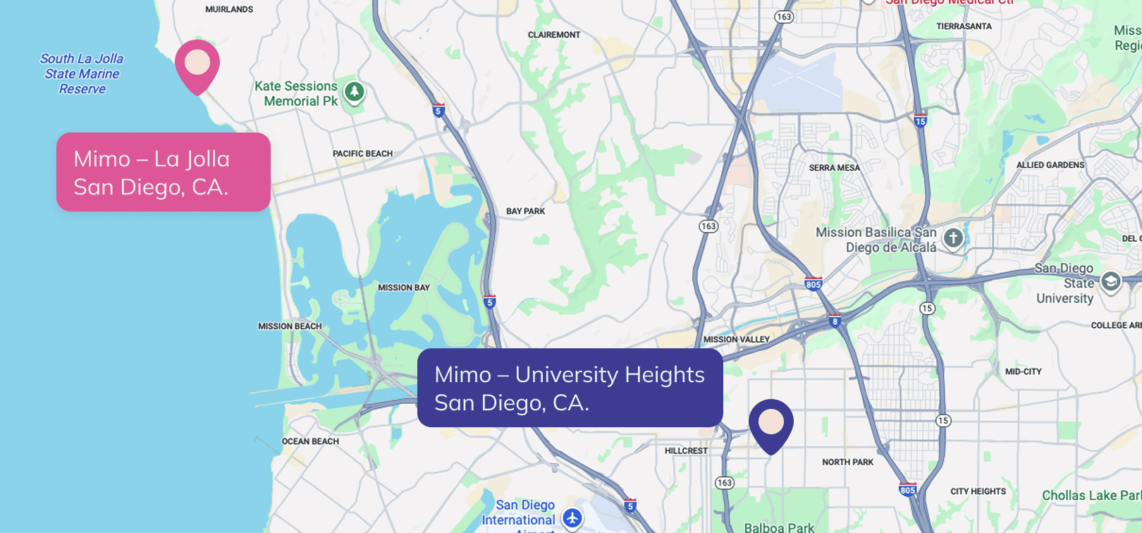 Map of San Diego showing Mimo locations in La Jolla and University Heights to highlight accessibility and vibrant coastal presence.