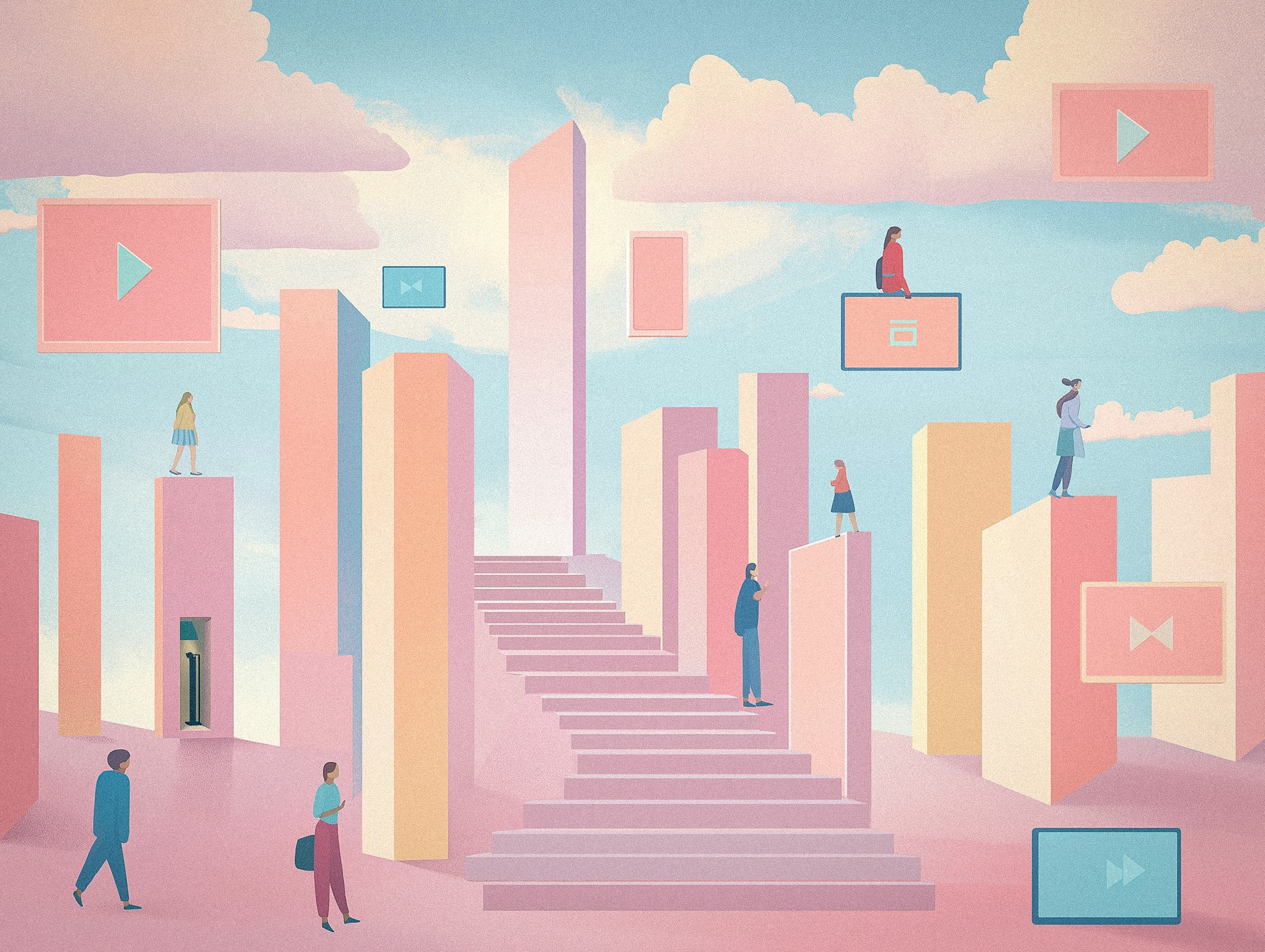 An illustration of people and screens with a stair in the center.