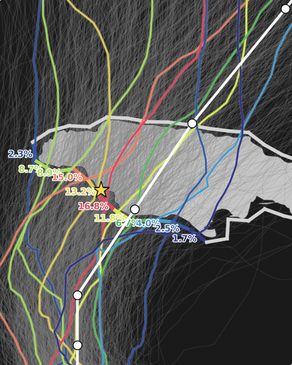 Stacked wind field layers representing 100 physically-grounded Metryc simulations of a single tropical cyclone event, illustrating explicit uncertainty modelling