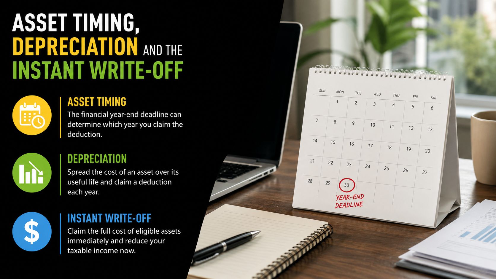 A calendar showing a year-end deadline alongside text explaining asset timing, depreciation, and the instant write-off.