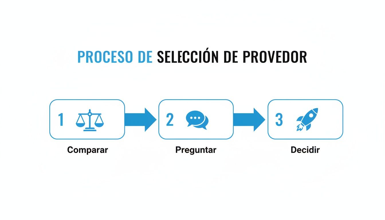 Diagrama del proceso de selección de proveedor en tres pasos: comparar, preguntar y decidir.