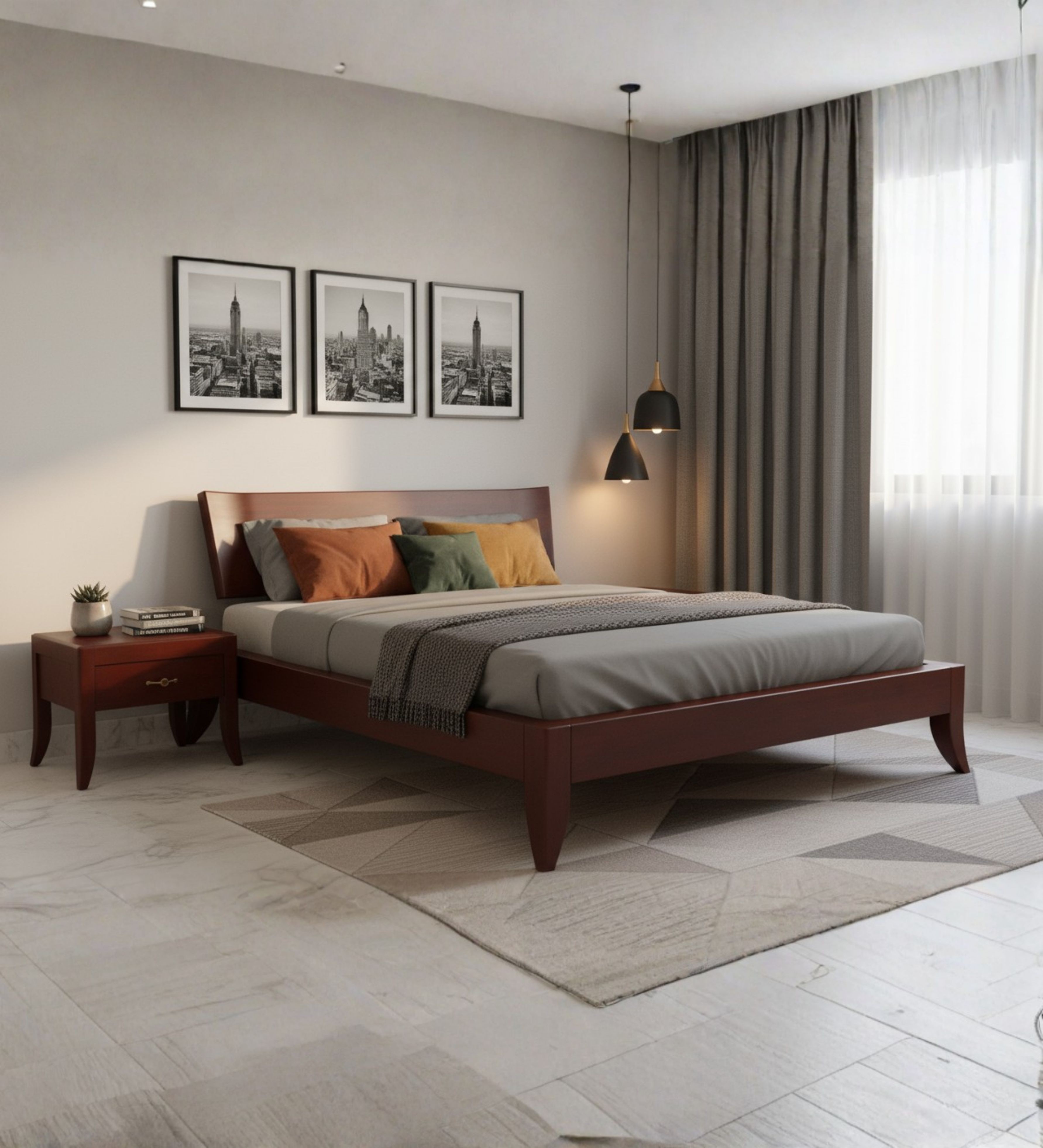 Low wooden bed with open base, straight headboard, and simple geometry