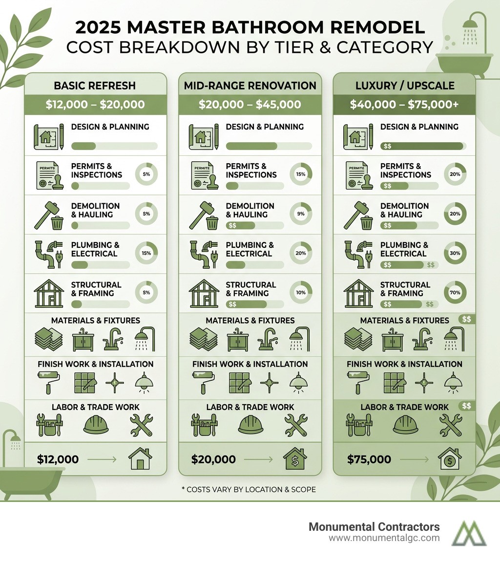 2025 master bathroom remodel cost breakdown by tier and category - master bathroom remodel costs infographic 