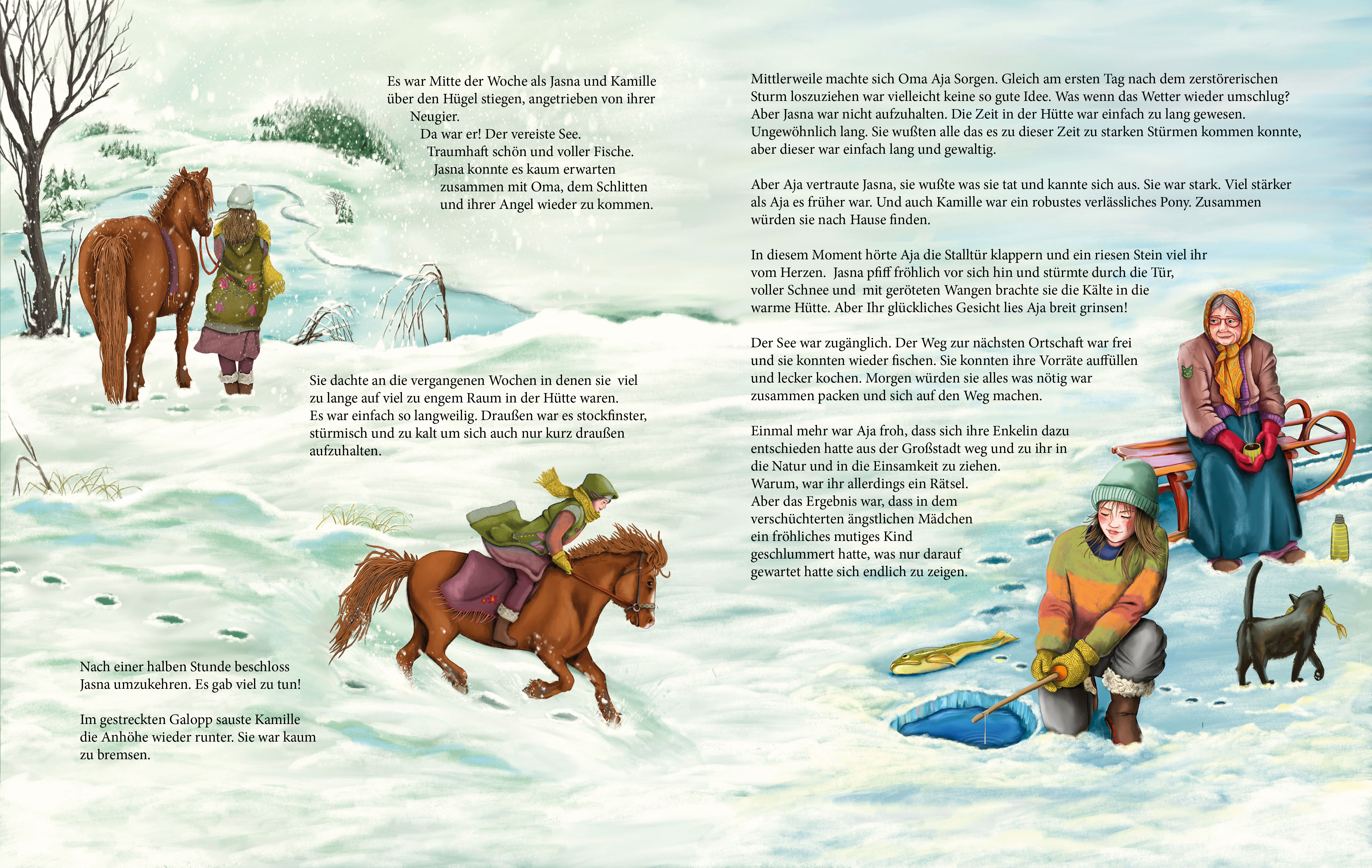 Ein Mädchen reitet durch den Schnee. Ein anderes angelt an einem Eisloch. Eine alte Frau sitzt auf einem Schlitten. Überall liegt Schnee