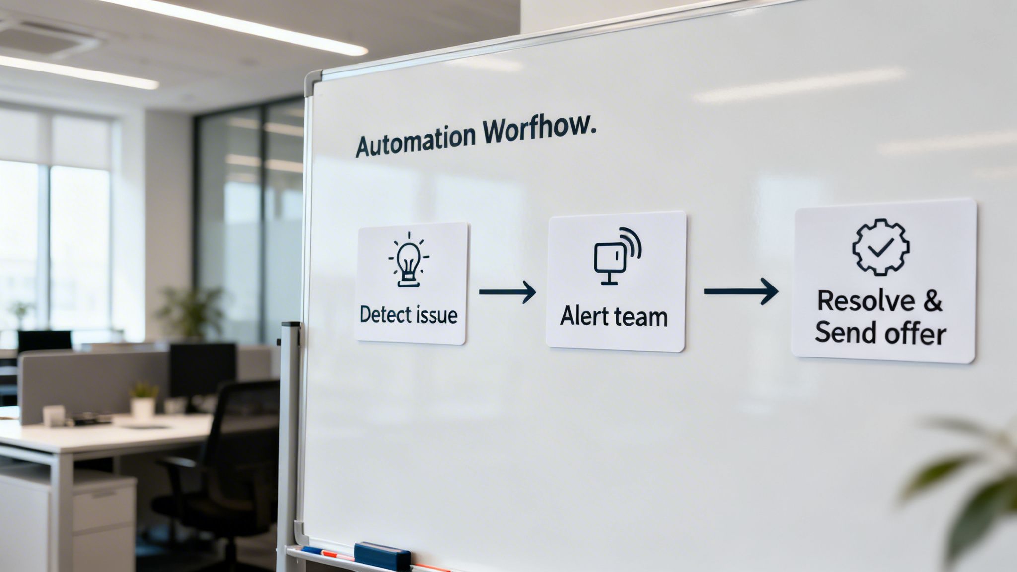 A whiteboard displays an automation workflow diagram with steps: Detect issue, Alert team, and Resolve & Send offer.