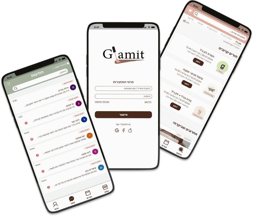 Mobile app mockup showing login, client, and business owner screens from the GLAMIT booking app