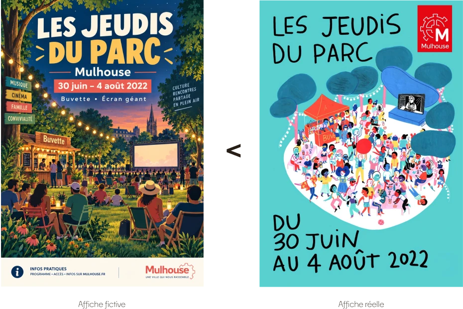 Comparaison entre une affiche générée par IA et l'affiche réelle de l'événement Les Jeudis du Parc à Mulhouse