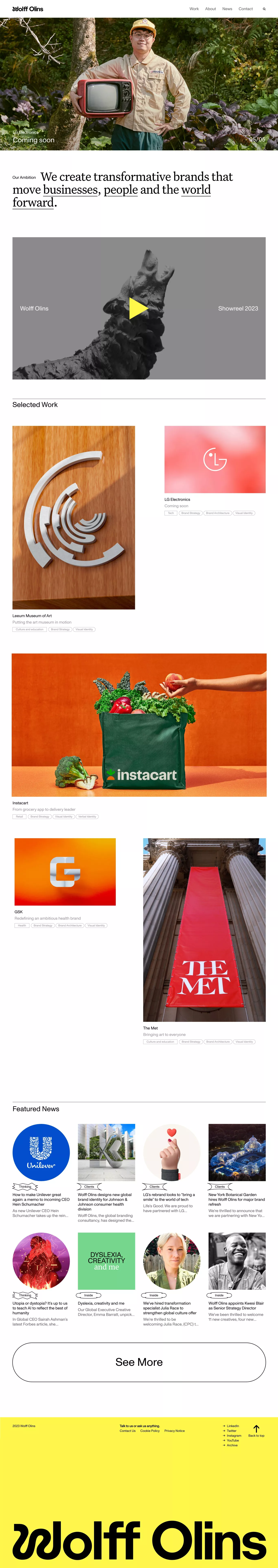 Wolff Olins portfolio page screenshot showcasing Design and Advertising design