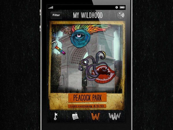 The image shows a screenshot of a mobile device displaying the app "MY WILDHOOD." The app interface has a dark theme with a black background and white text. At the top, a title bar reads "MY WILDHOOD." Below the title, a stylized image depicts a blue eye with a colorful, flame-like design above it, a hammer on the left, and a creature with tentacles in the center. The image has a vintage or grunge aesthetic with a textured, aged appearance. Beneath the image, the location "PEACOCK PARK" is displayed, with an orange banner below showing "LAST CAPTURED 4/5/11." The bottom of the screen displays three icons: a key, a document icon, and a WW icon. The app interface is consistent with mobile design elements.