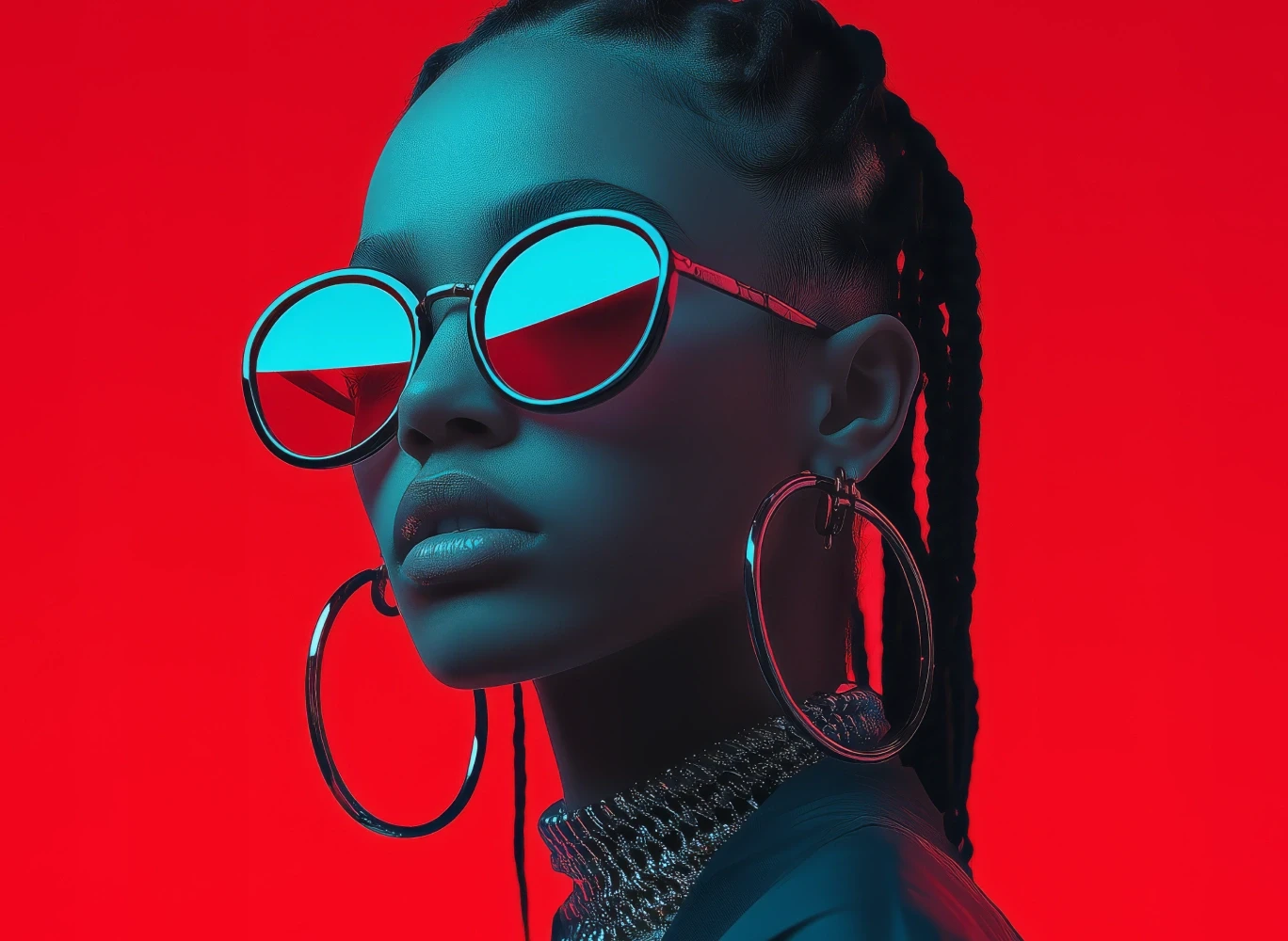 Portrait of a woman wearing reflective sunglasses against a red background