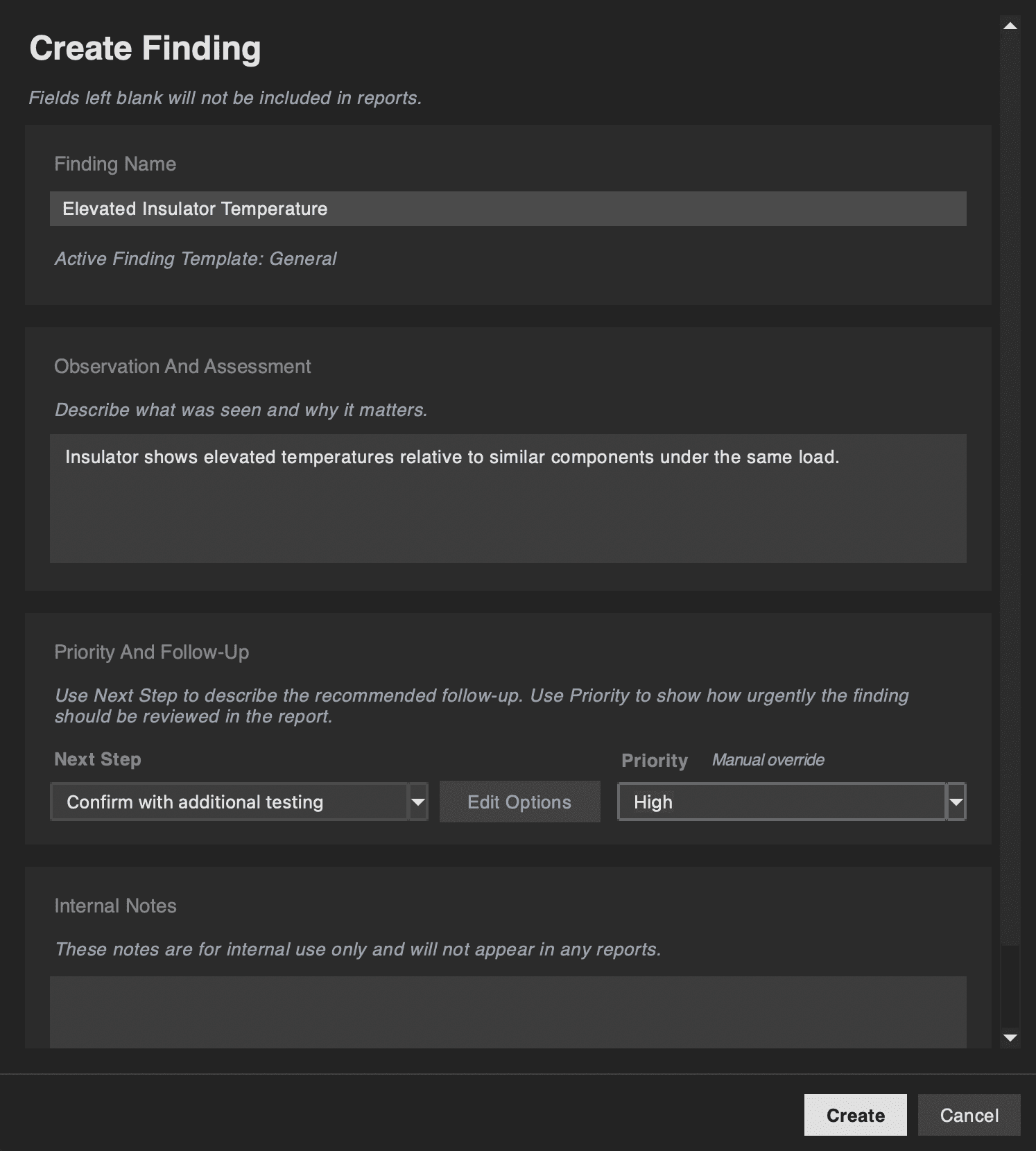 a screenshot of a thermal inspection finding being created in the professional thermal inspection reporting application HeatScribe