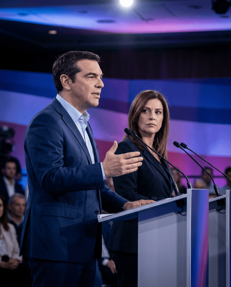 Alexis Tsipras and Karystianou in a political comparison concept