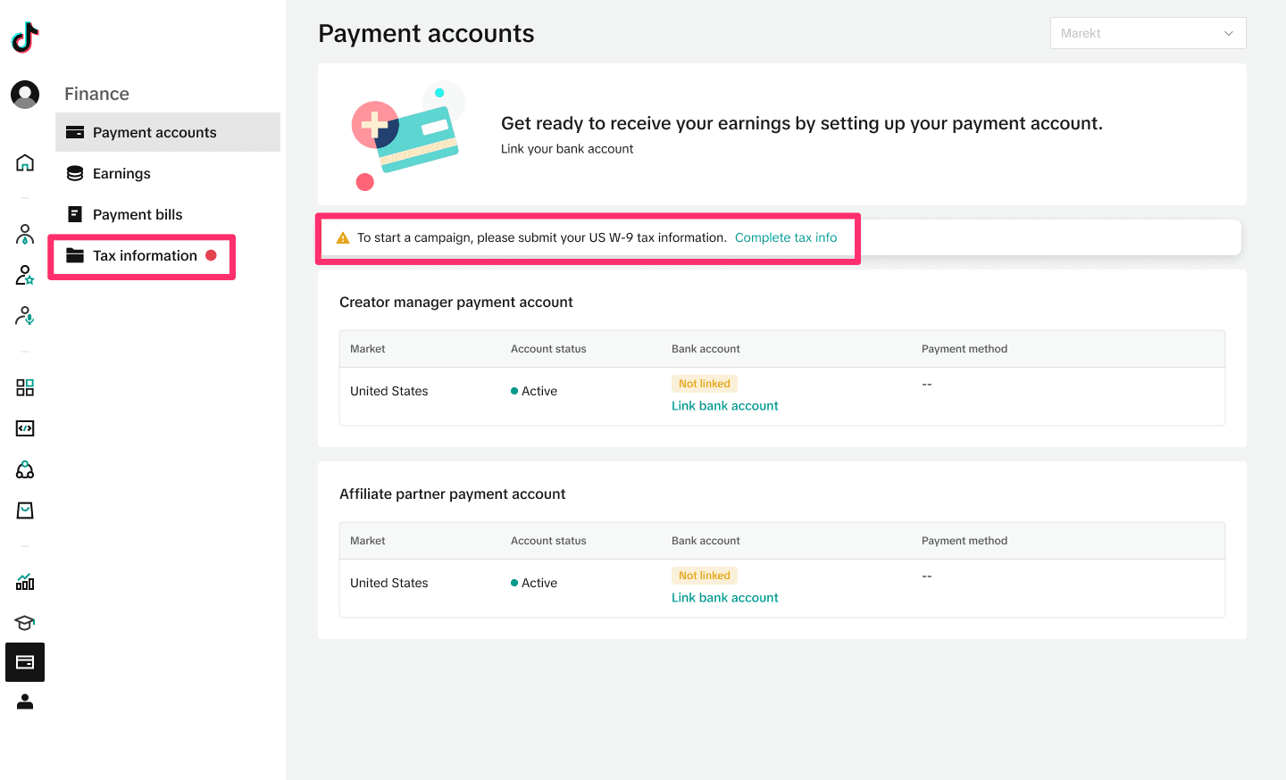 Screenshot of a "Payment accounts" dashboard on a web platform, showing payment options and a required tax information warning.