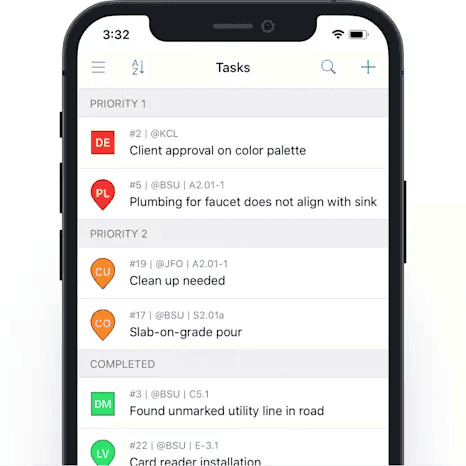 Fieldwire task management app displaying task priorities and completion status.