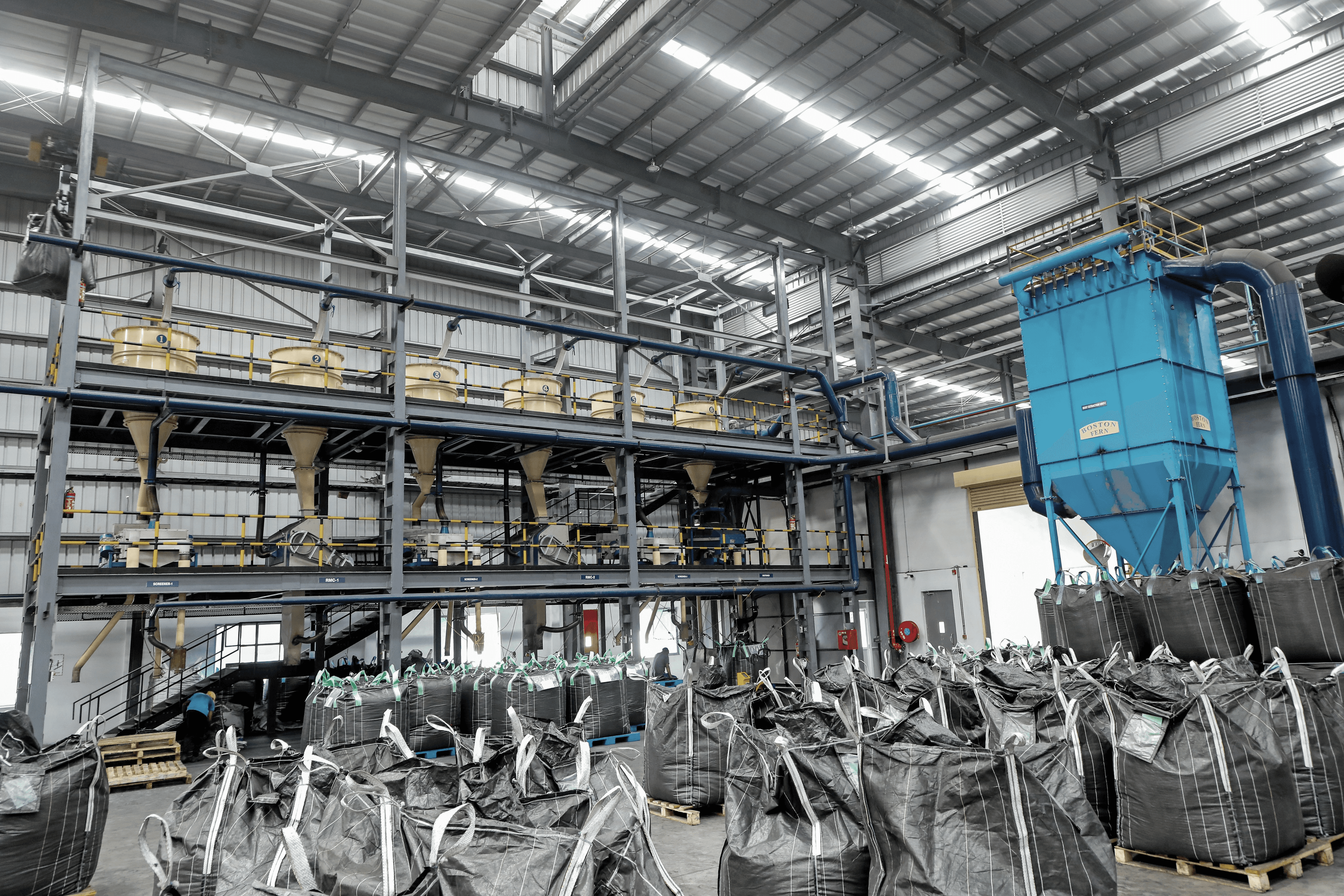 Advanced production infrastructure at the IVAR Carbons manufacturing facility for high-capacity coconut shell activated carbon processing.