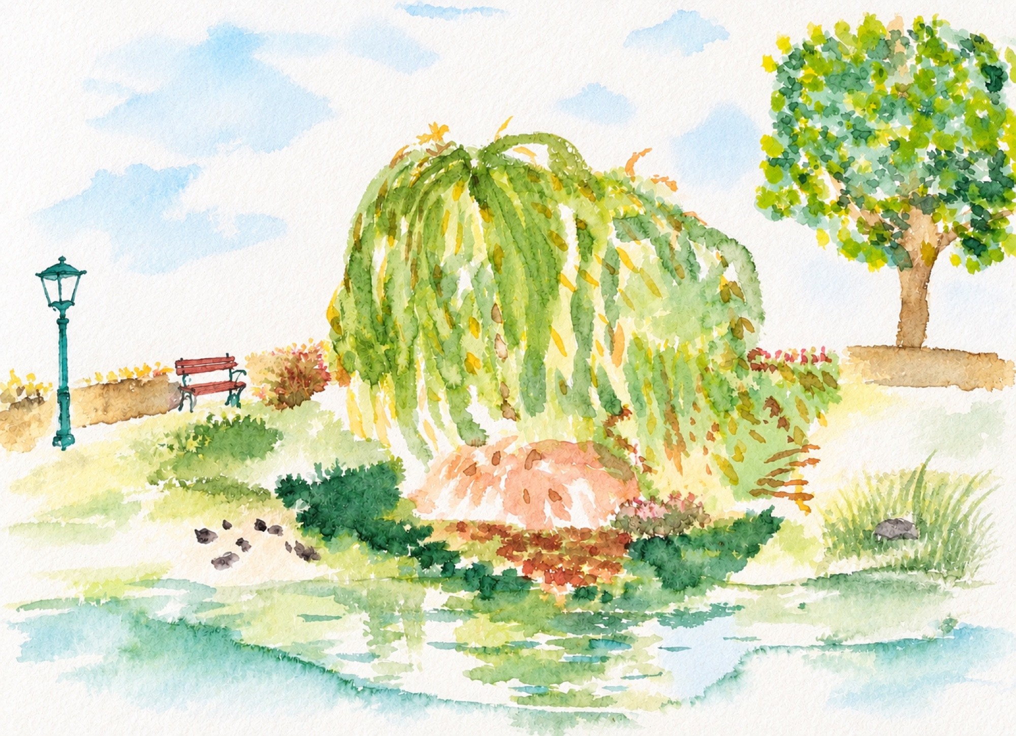 Aquarelle du lac de Croissy au Vésinet, peinte par Nina Renaudin