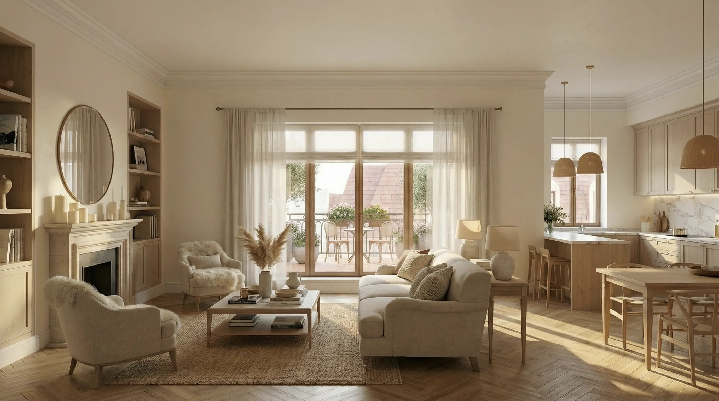 Fasadedetaljer i HasleHaven med buede vinduer, klassiske profiler og grønne balkonger