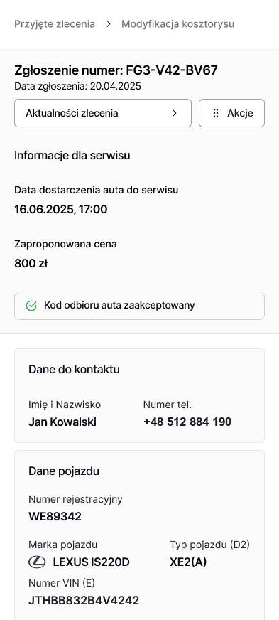 Podgląd zgłoszenia z danymi pojazdu