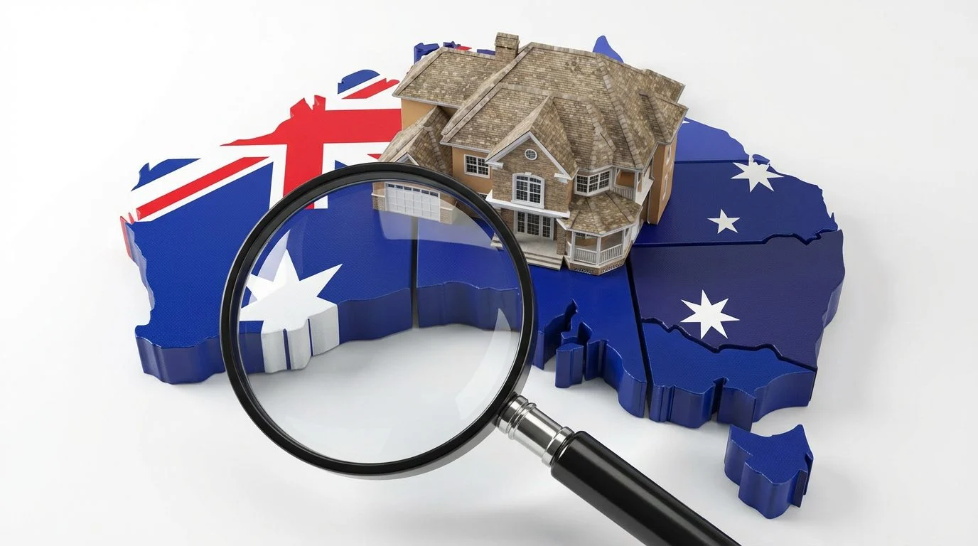 House on map of Australia with magnifying glass.