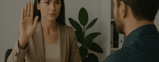 Zwei Personen führen ein Gespräch in einem modernen Büro mit Pflanzen im Hintergrund