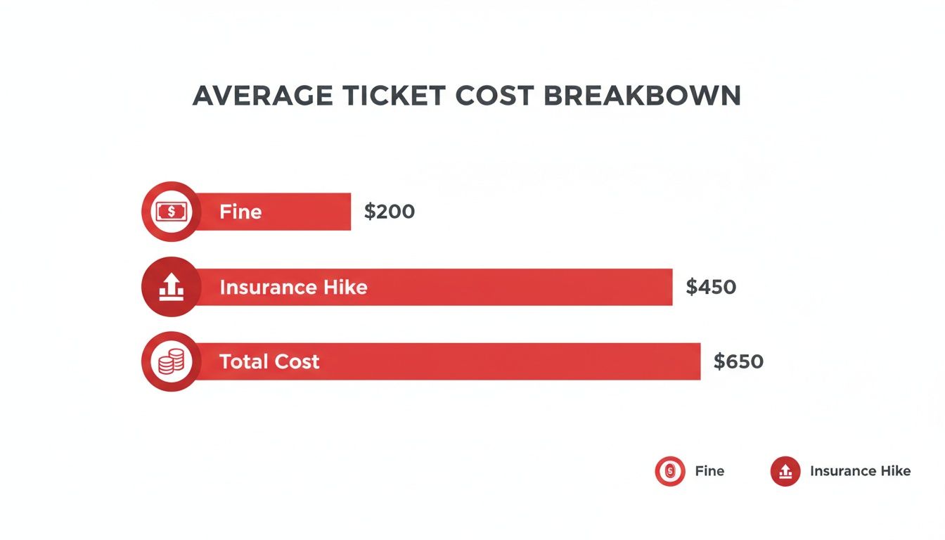 Bar chart displaying the average ticket cost breakdown: $200 fine, $450 insurance hike, and $650 total cost.