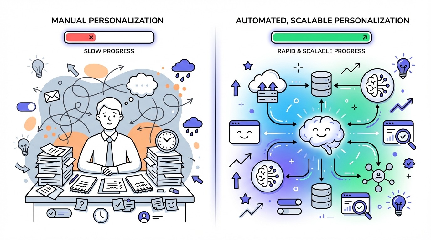 Diagram contrasting manual, time-consuming personalization (left, person at cluttered desk, slow progress) with automated, scalable personalization (right, abstract data flow, fast progress).