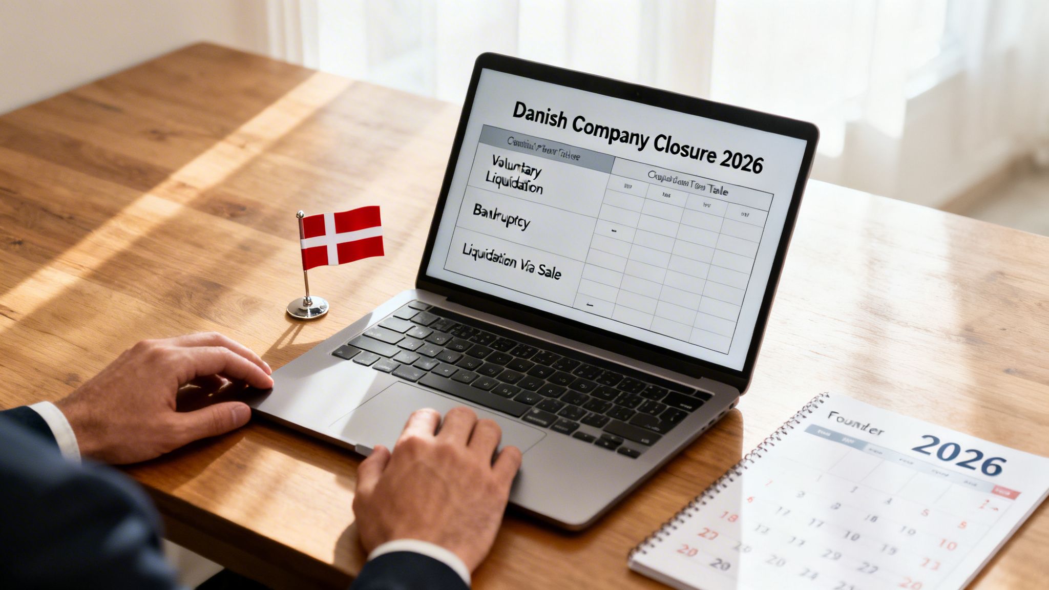 A person works on a laptop displaying a document titled 'Danish Company Closure 2026', alongside a Danish flag.