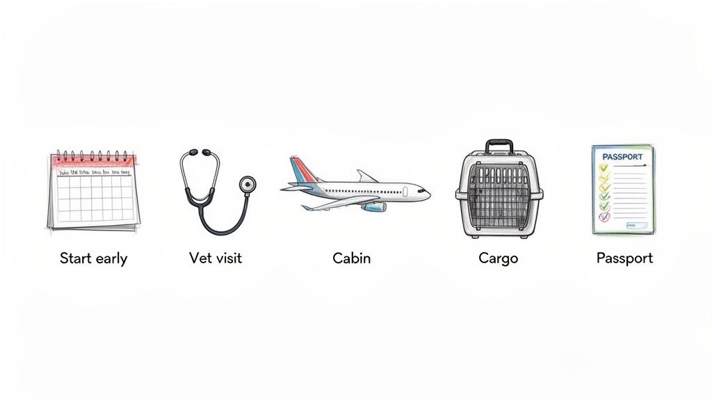 A visual guide illustrating five key steps for pet airline travel: planning, vet visit, cabin or cargo options, and pet passport.