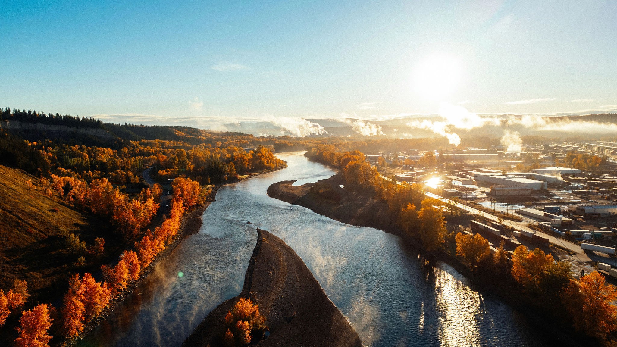 River passing through Prince George on a fall evening