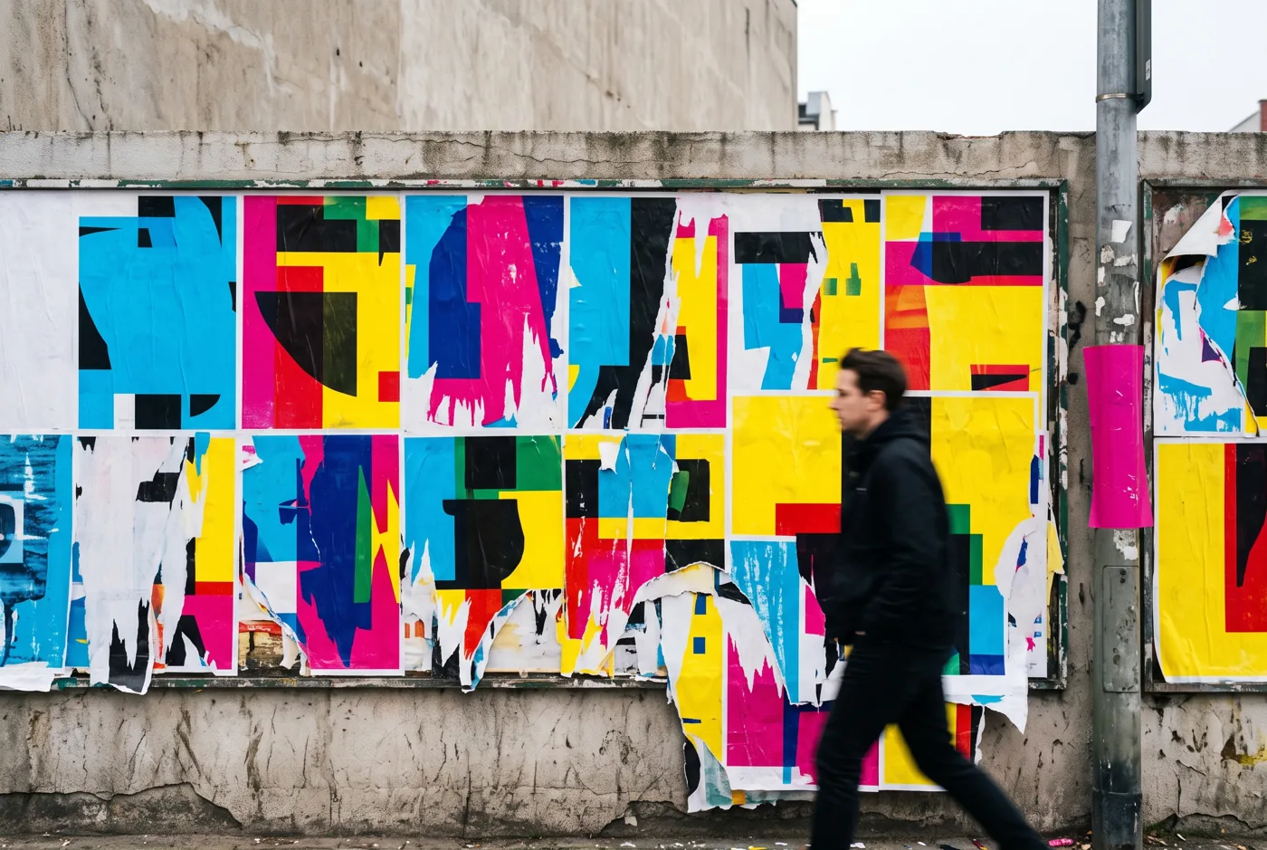 A man walking past a wall of bright torn posters