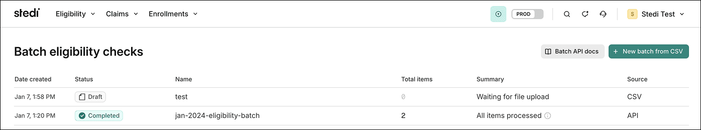 Eligibility check batches page