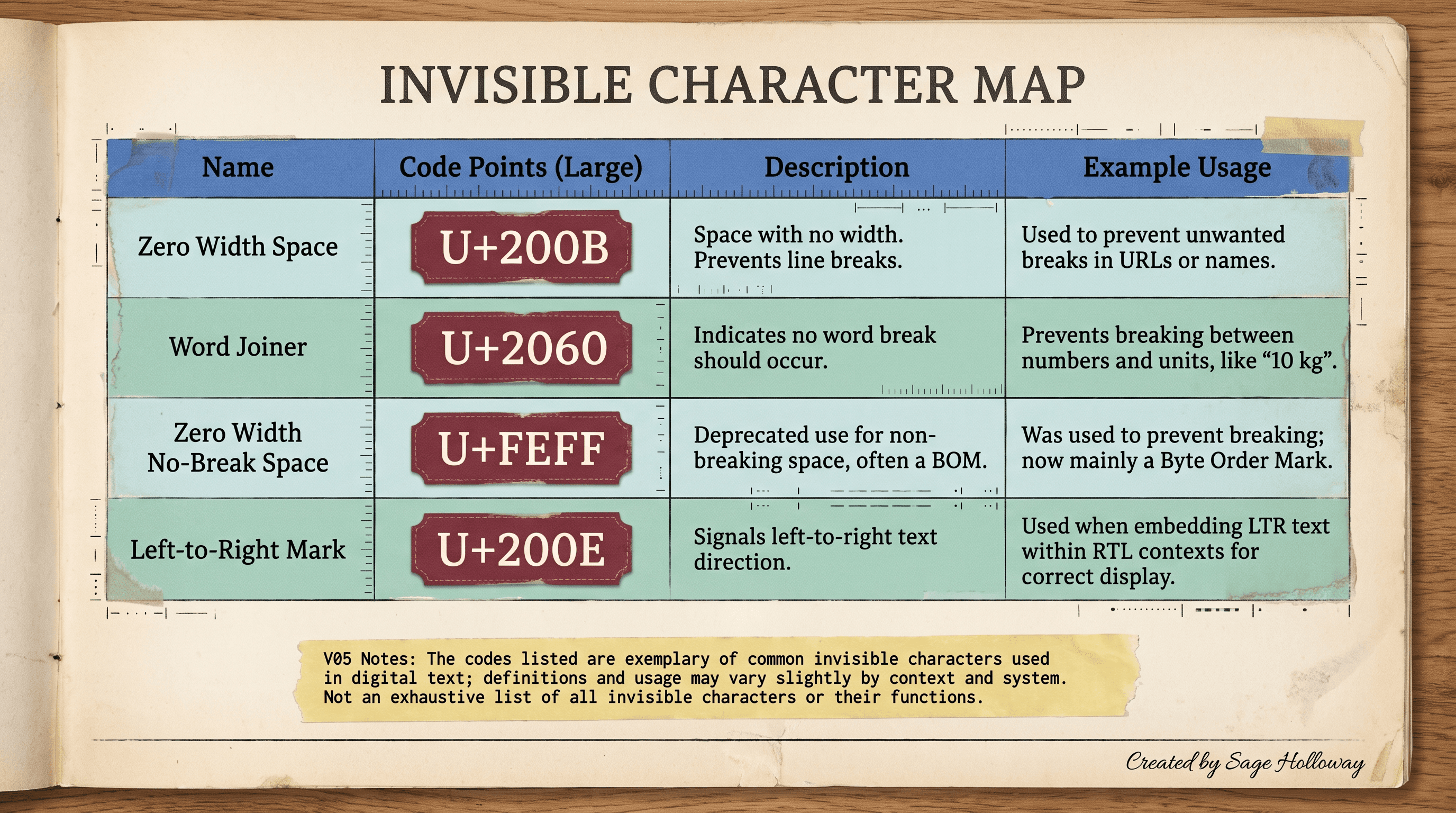 Unicode character map for zero-width and narrow no-break spaces used in AI watermark checks