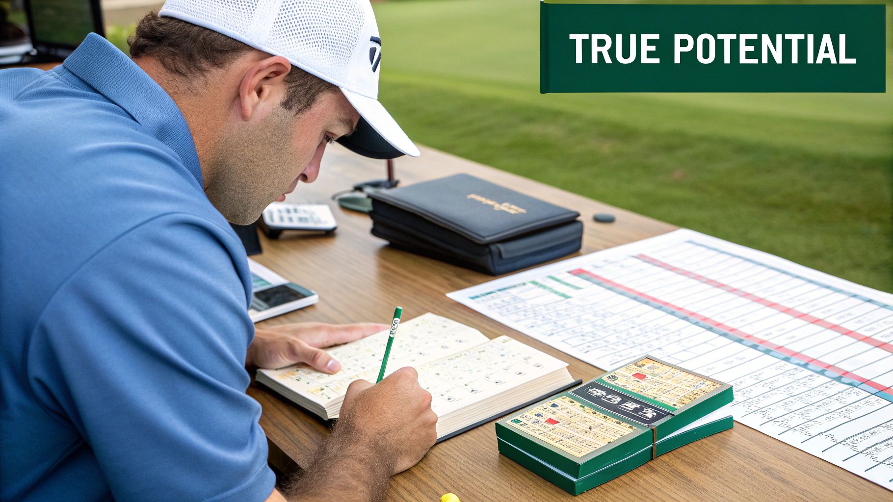 A golfer in a white cap records scores in a notebook at a table with golf scorecards.