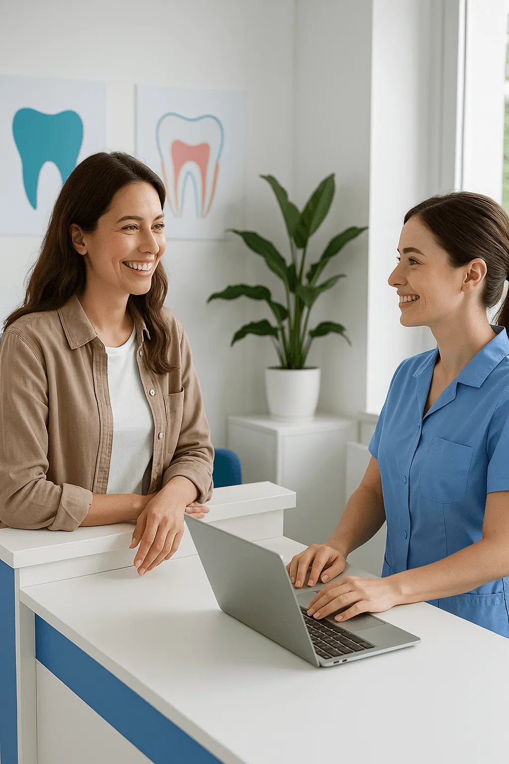 Patient talking with a receptionist at Dentitive dental clinic.