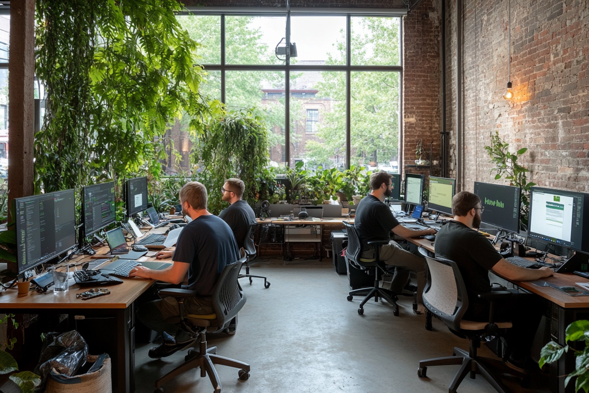 The studio floor, plants along the window wall.