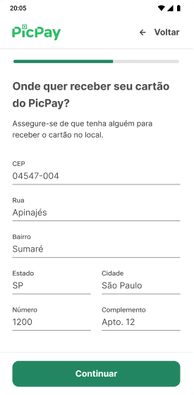 página mobile do passo de preenchimento de endereço completo