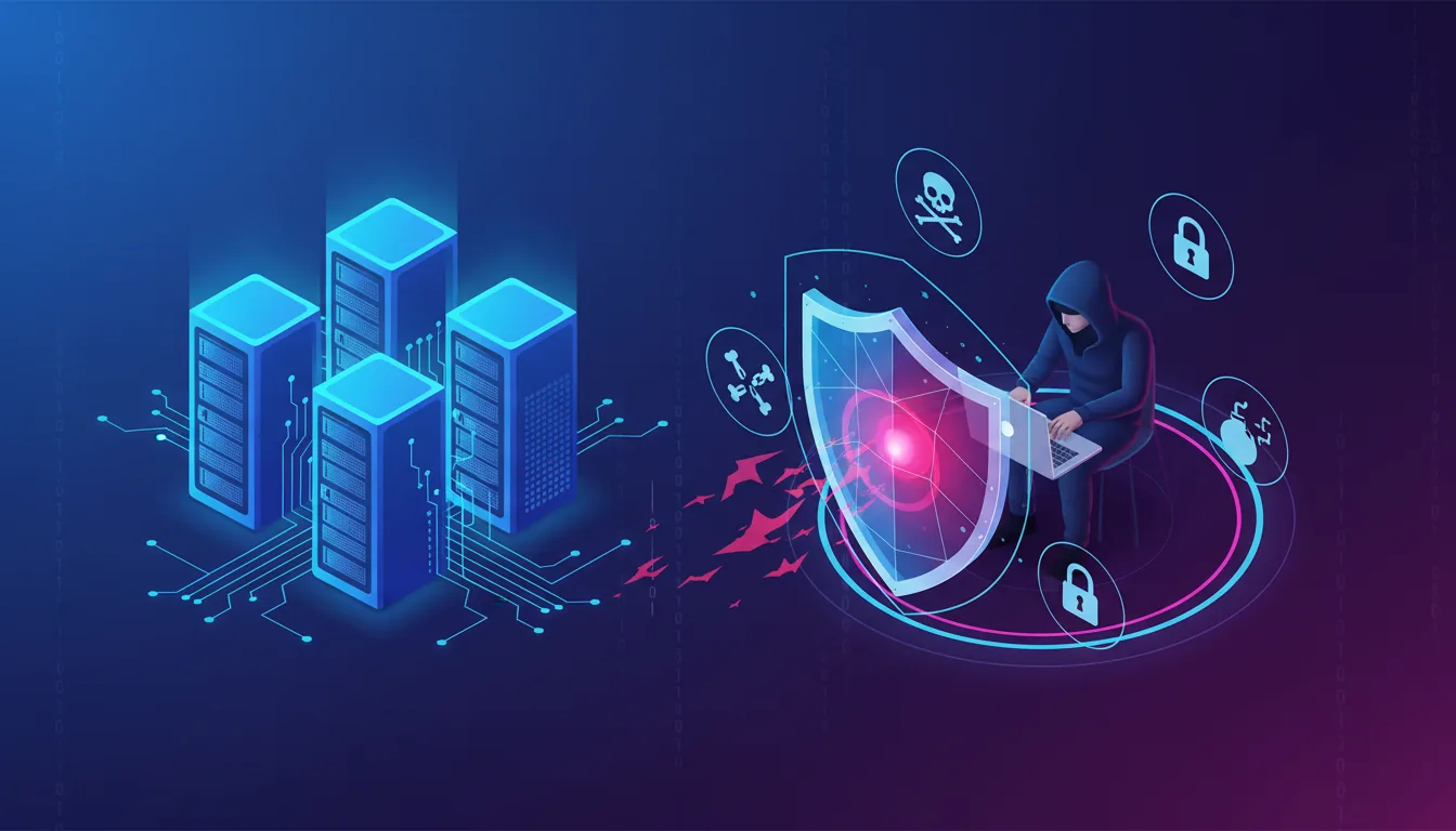 Isometric 3D render, cybersecurity infographic concept. On the left, a bank of glowing blue server racks connected by circuit lines. On the right, a dark hooded hacker at a laptop, surrounded by a circular holographic interface with threat icons like a skull and crossbones. In the center, a large, semi-transparent firewall shield with a pulsating red core deflects a digital attack originating from the hacker. The scene is illuminated with a neon glow against a deep blue and purple gradient background with subtle binary code patterns. Soft global illumination.