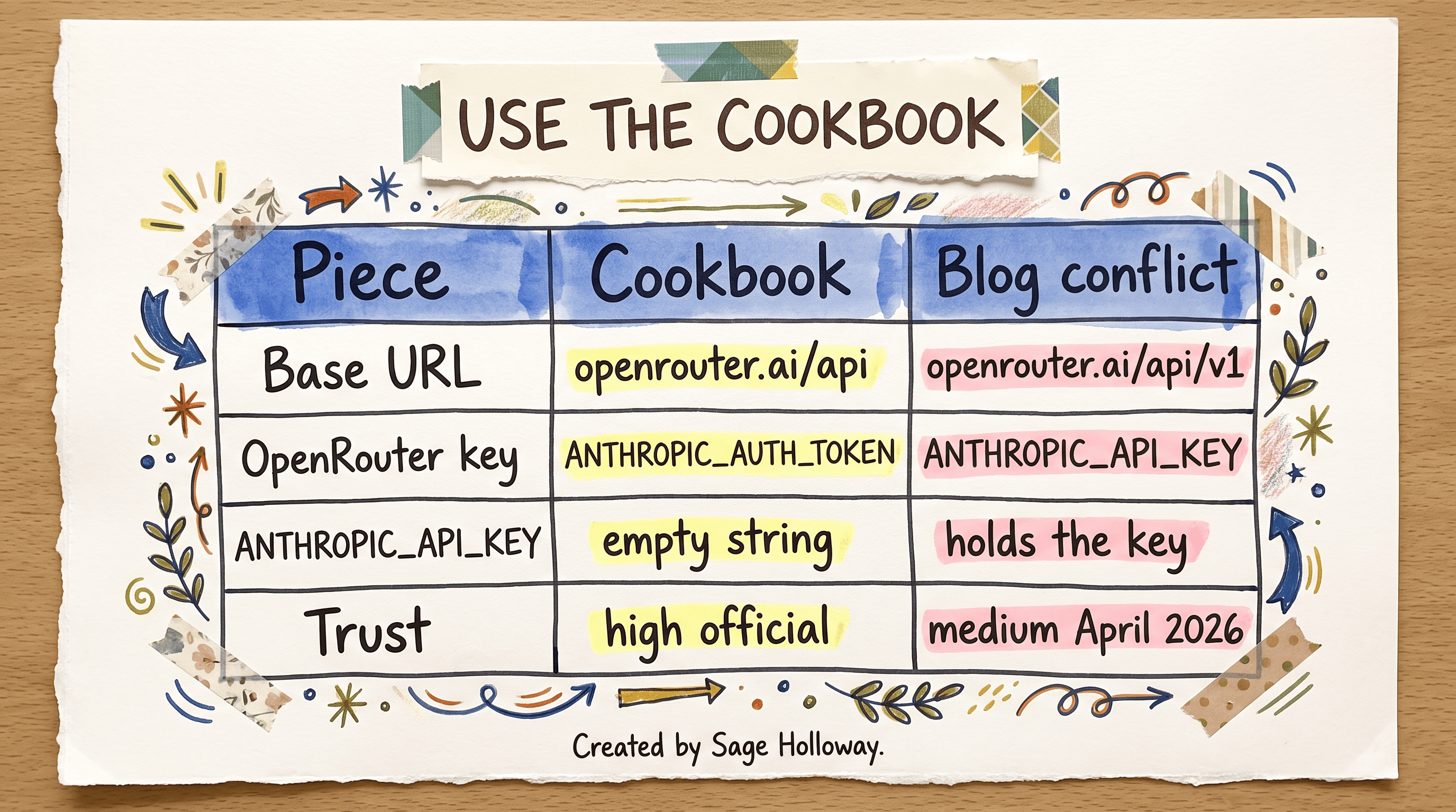 Comparison table of Claude Code with OpenRouter env vars: ANTHROPIC_BASE_URL, ANTHROPIC_AUTH_TOKEN, and a blank ANTHROPIC_API_KEY