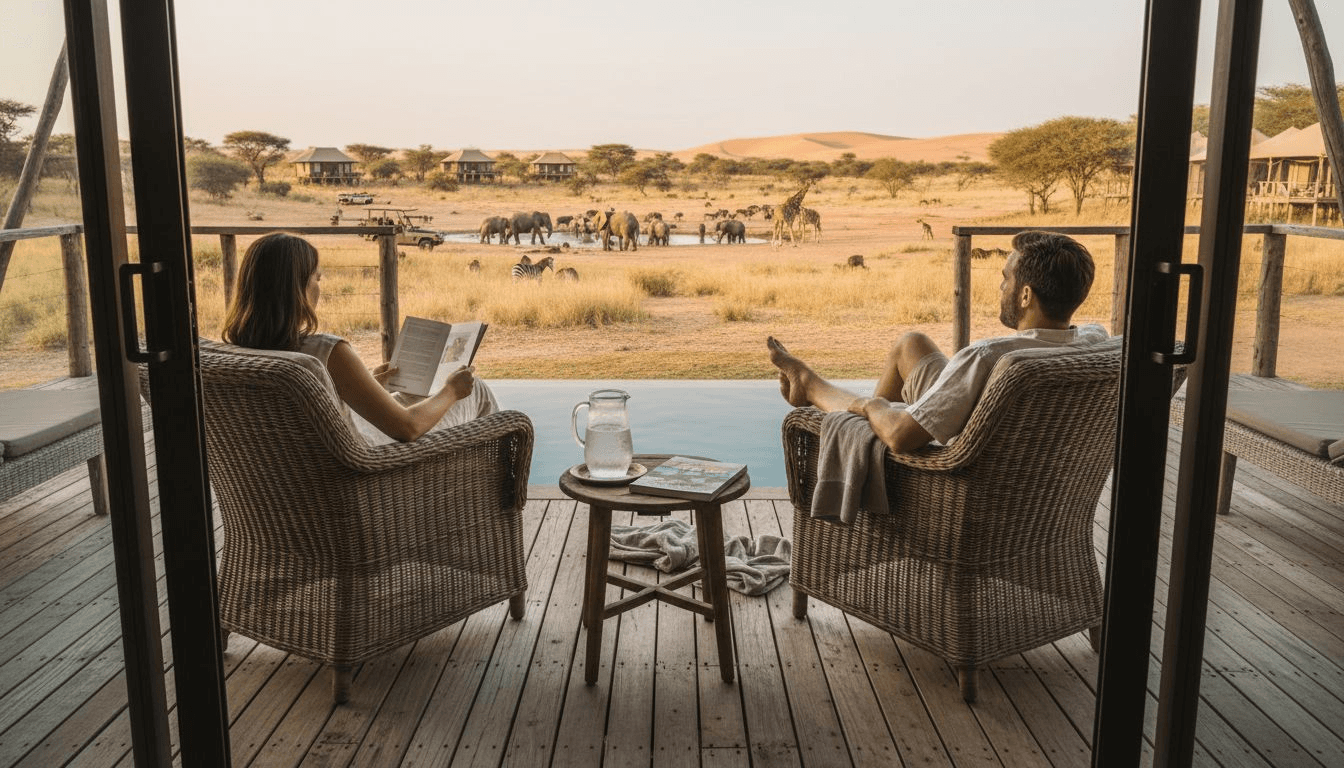 Luxury safari lodge deck with waterhole view