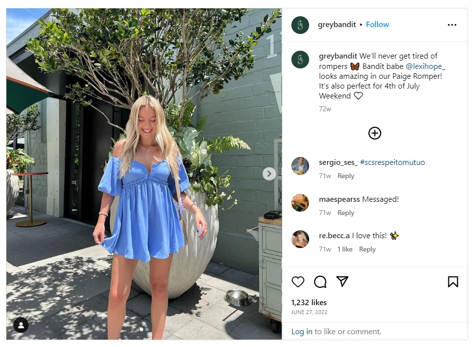 An Instagram post of an influencer wearing Grey Bandit clothing