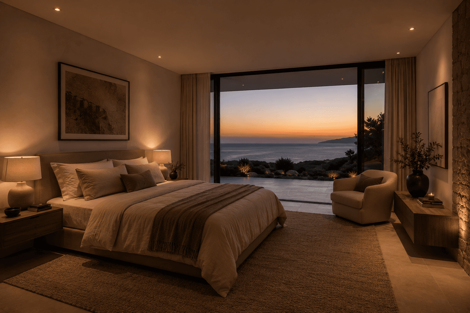 Cozy luxury bedroom with panoramic ocean sunset view