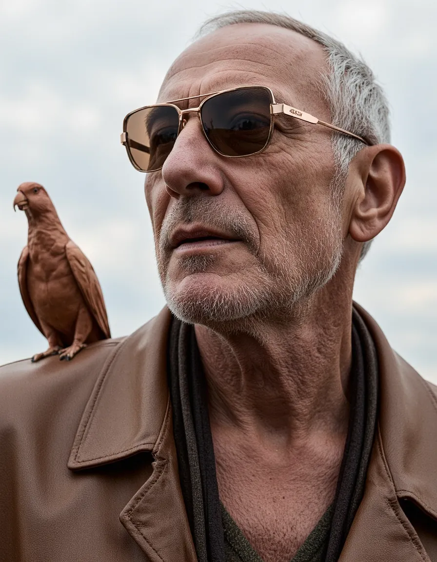Close-up portrait showing a person in brown leather jacket wearing gold-framed sunglasses with a falcon perched on their shoulder against a cloudy sky.