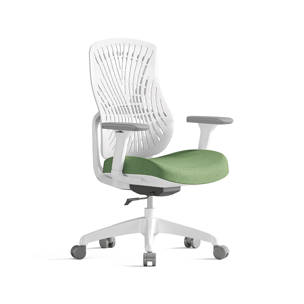 White and green TCHOD 872A mid-back task chair with a flexible, sunburst-patterned TPE backrest, adjustable armrests, and a sleek white frame for modern office interiors.